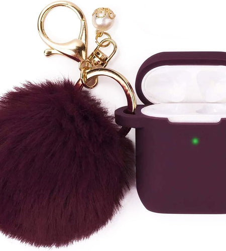 Case for Airpods, Airpod Case Cover for Apple Airpods 2&1 Charging Case, Cute Air Pods Silicone Protective Accessories Cases/Keychain/Pompom, Best Gift for Girls and Women, Burgundy